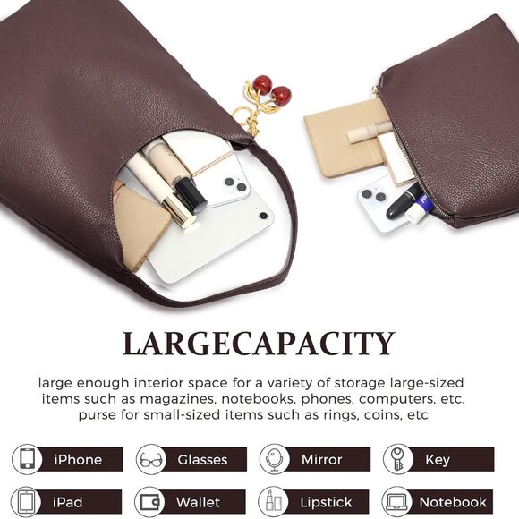 Large Dark Brown Vegan Leather Hobo Tote with Cherry Charm for Travel & Work - Picture 5 of 6